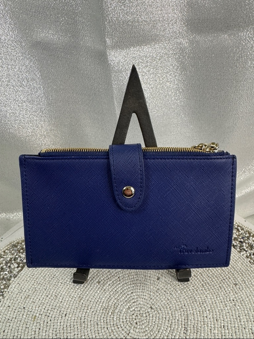 Travelambo blue RFID blocking wallet, 7” x 4”.